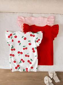 SHEIN Vintaside Kids 三件套少女清新圆领短袖连衣裙，展现活泼可爱的风格。一件柔和的红色，一件淡雅的浅粉色，一件白色底色搭配清新樱桃印花，采用精致镂空提花面料制成，适合春夏各种场合，打造层次丰富的乡村风活力造型。 - 紅色 - 查看 2