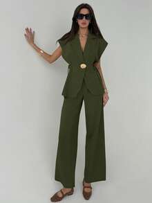 Aloruh Waist Tie Metal Decor Vest & Pants Commuter Suit Set - Army Green - View 5