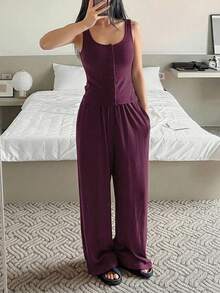 DAZY Bộ 2 món gồm quần dài ống đứng không tay màu trơn và áo khoác cardigan mặc nhà cho nữ, thích hợp cho mùa hè. - Màu Đỏ Sâu - Xem 4
