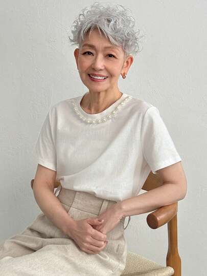 FRIFUL 女士纯色短袖圆领串珠装饰宽松休闲百搭T恤，夏季