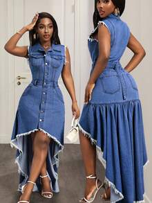 BamGleam Vestido de mezclilla para mujer con abertura alta - Azul - Ver 7