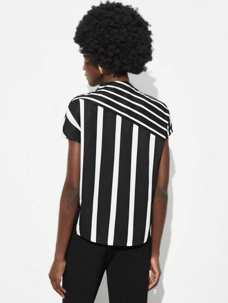 SHEIN Maija 2026 Spring & Summer Women'S Striped Stand Collar Shirt, Suitable For Wedding Guest, Host, Date, Party, Concert, Brunch, Airport, Multi-Occasion