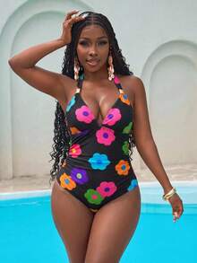 Slaydiva Baju Renang One-Piece Wanita Ukuran Plus dengan Motif Bunga dan Detail Kerut di Bagian Leher, Cocok untuk Liburan Pantai, Pesta Kolam Renang, Olahraga di Gym, dan Pesta Pantai Musim Panas. - MultiWarna - View 4