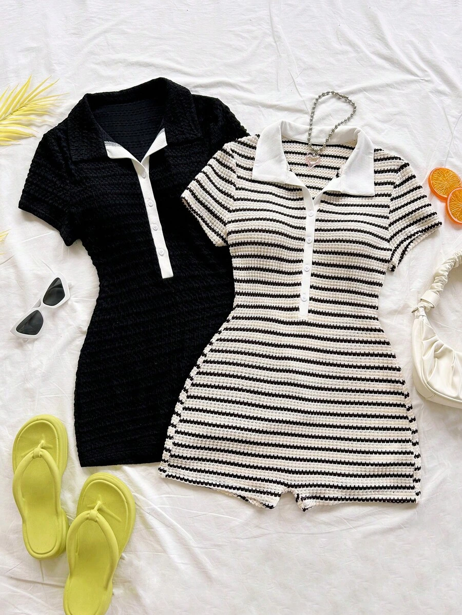 Soleia Conjunto de 2 piezas de mono casual de mujer con mangas cortas y botones al frente, con falda desmontable - Blanco y Negro - Ver 1