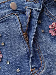 Elamini Chân váy mini denim cạp thấp đính đá lấp lánh - Màu xanh lam - Xem 5