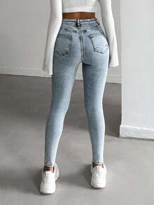 EURMUSE 99%Cotton High Waist Ripped Skinny Jeans - Light Wash - View 2