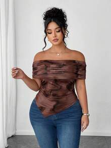 Elenzga Plus Size Women Elegant Off-Shoulder Ruched Asymmetric Hem Cinched Waist T-Shirt - Brown - View 5