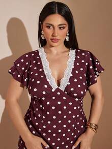 SHEIN BAE Femmes grande taille Imprimé floral à pois bourgogne col V en tissu - Multicolore - Voir 8