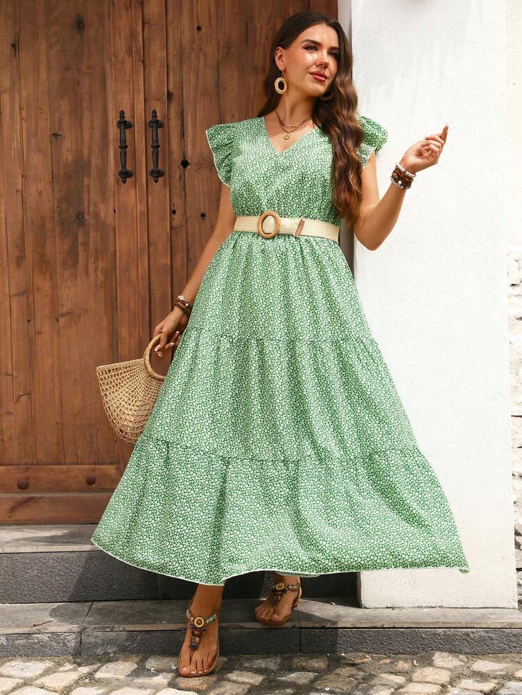 Plus Size Women V-Neck Allover Print Ruched Casual Party Dress Summer Outfit For Women Beach Outfit For Women