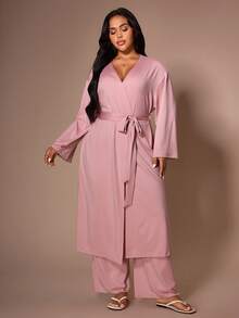 Lazeform 3pcs Plus Size Lace Patchwork Camisole, Pants And Robe Sleepwear Set, Suitable For All Seasons - Pink - View 5