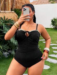 Swim Vcay Plus Size Women One-Piece Solid Color Shell Decor Elegant Swimsuit For Beach Gym Pool Summer - Brown - View 5