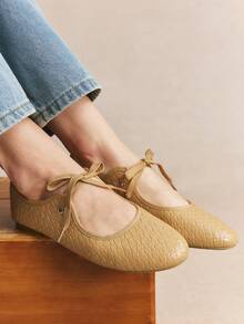 Rosivie Sepatu Flat Tenun Bertali Ujung Bulat Elegan Gaya Prancis untuk Wanita, Cocok untuk Natal. - Warna pasir basah - View 5