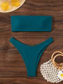 Swim Basics 女款夏季海灘純色性感抹胸比基尼泳衣套裝 - 水鴨藍 - 查看 3