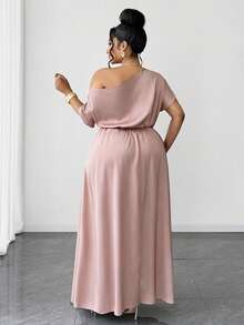 Maweii Plus Size Elegant High-End Asymmetric Shoulder Split Dress - Pink - View 2