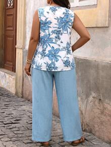 SHEIN VCAY Plus Size Vacation Solid Color V-Neck Shirt And Floral Print Pants 2-Piece Set - Multicolor - View 2