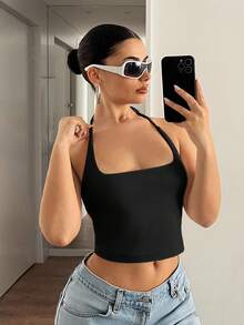 SHEIN ICON Tank Top Halter Neck Minimalis Kasual Warna Hitam, Cocok Untuk Musim Panas, Atasan Musim Panas - Hitam - View 5