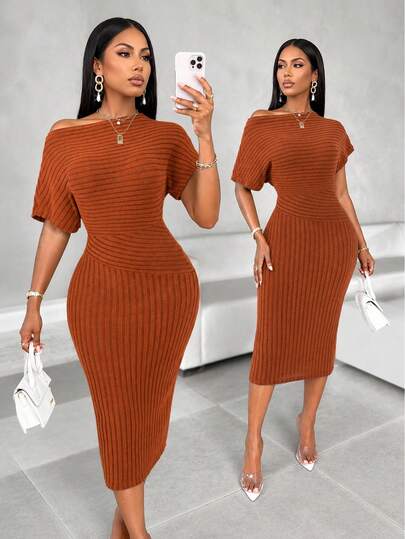 SOLERSUN Solid Asymmetrical Shoulder Texture Fabric Maxi Dress