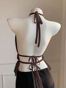 Comfortcana Women's Pleated Halter Cinched Waist Backless Camisole Tea Party Brown Summer Elegant - Coffee Brown - View 2