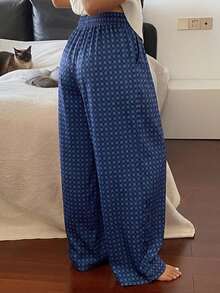 DAZY Quần pajama nữ dáng rộng kẻ caro - Màu xanh hải quân - Xem 2