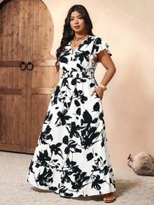 EMERY ROSE Black And White,Summer,Boho,Elegant,Vacation,Holiday Plus Size & Tall Floral Maxi Dress,Shirred Ruffle Short Sleeve Elastic Waist Casual Commute - Multicolor - View 3