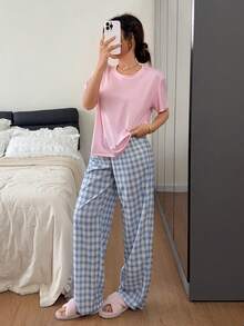 Dream Adore Cotton-Like Solid Color Short Sleeve Top & Pleated Checkered Print Pants Pajama Set - Multicolor - View 4