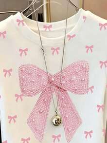 Teen Girl Casual Sweet Oversized Bow & Butterfly Print Short Sleeve Round Neck Fitted T-Shirt, Cute & Sweet, Suitable For Summer - Multicolor - View 3