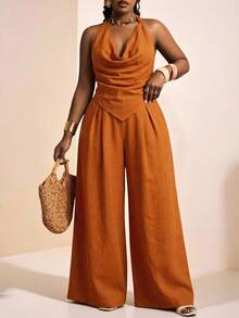 Truni Burnt Orange Plus Size Women's Elegant 2-Piece Set,Autumn Asymmetric Top & Wide Leg Linen Pants,Vacation Boho Summer Outfits For Triangle - Orange - View 8