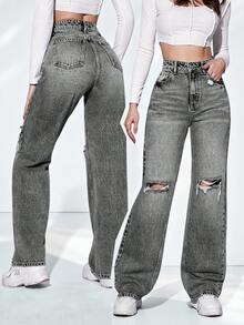 SHEIN ICON Jeans de pierna recta de talle alto desgarro - Gris Claro - Ver 1