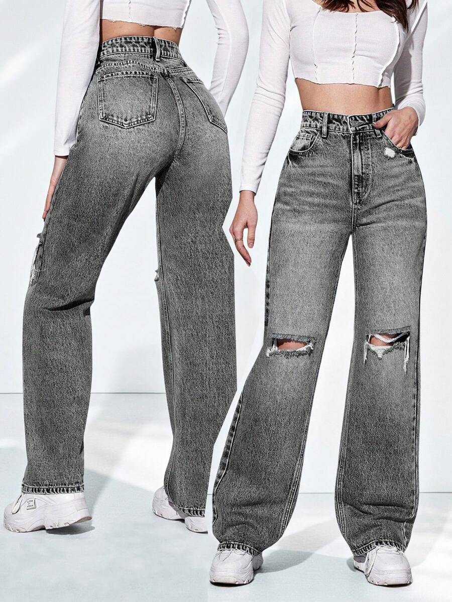 SHEIN ICON Jeans de pierna recta de talle alto desgarro - Gris Claro - Ver 1