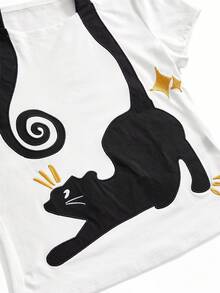 ROMWE Kawaii Plus Size Women Y2K Cute Cat Pattern Halter Neck Embroidered Boat Neck T-Shirt - White - View 3