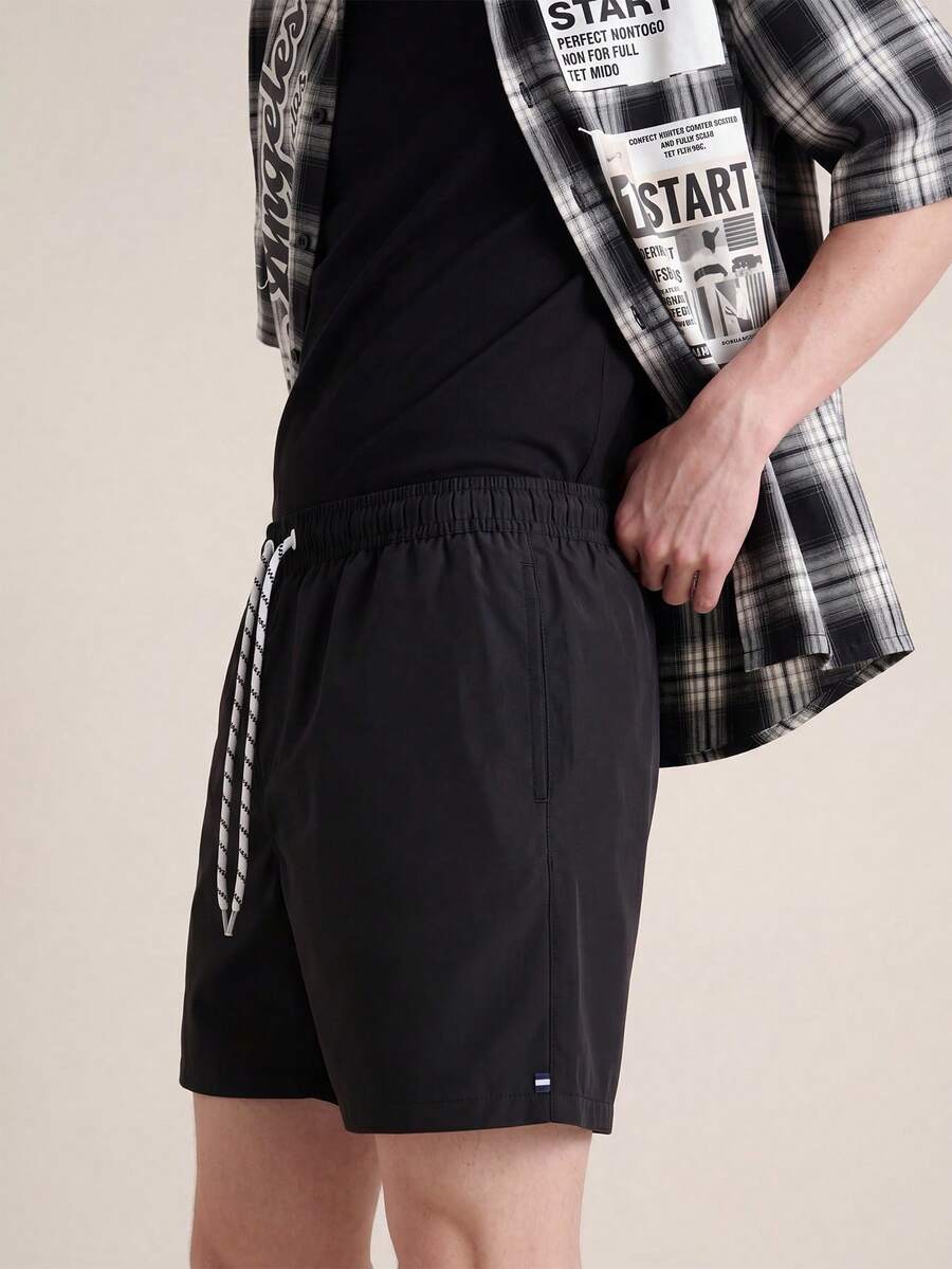 Zalmeno Men Drawstring Waist Windbreaker Swim Trunks, Hawaiian - Black - View 1