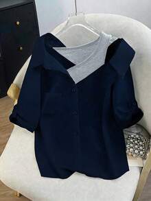 GlowEve CURVE Plus Size Summer Casual Contrast Color 2 In 1 Front Button Pocket Shirt - Multicolor - View 3