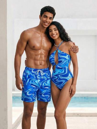 Azuldrift 1pc Men's Marble Print Drawstring Waist Beach Shorts Couples Matching Swimwear, Vacation For Beach,Hawaiian, Matching Swimwear For Couples Blue, Couple Bathing Suit Set, Beachwear Matching Couple, His And Hers Swim Suit Sets, Men Bathing Suit Couple Matching