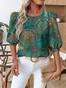 SHEIN LUNE Women's Casual Commuter Printed Lantern Sleeve Blouse,Summer Top - Multicolor - View 5