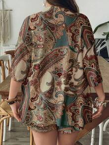 SHEIN VCAY Casual Retro Paisley Retro Pattern Loose Plus Size 2 Pieces Set, Suitable For Summer Beach Bussines Vacation Vacation Beige - Multicolor - View 2