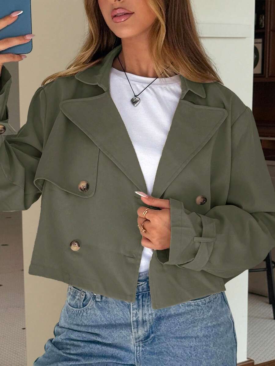 SHEIN EZwear 女款休閒軍綠色缺口領雙排扣夾克外套 - 軍綠色 - 查看 1