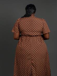 CurvyTilda Plus Size Polka Dot Print Twist Knot Casual Vacation Dress Elegant Summer, For Hourglass Body Shape - Coffee Brown - View 5
