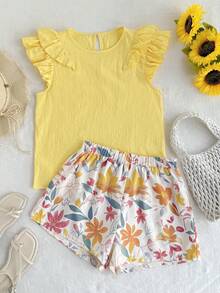 SHEIN Tween Girl Solid Yellow Shirt Blouse Top With Layed Ruffle Sleeve And Flower Print Shorts 2pcs Set Casual Minimalist Comfortable Round Neck - Yellow - View 4