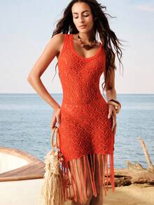 SHEIN Vestido de playa con flecos de estilo bohemio, de ganchillo y con diseño calado, ajustado y sexy para mujer - Naranja - Ver 7