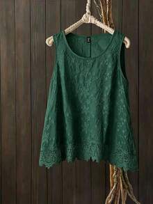 SHEIN LUNE CURVE 大码女式春夏刺绣无袖圆领修身背心，百搭时尚 - 墨綠色 - 查看 1