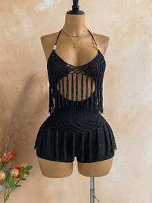Soleia Women's Sleeveless Hollow Out Fringe Decor Fashion Knit Dress, Summer - Black - View 6