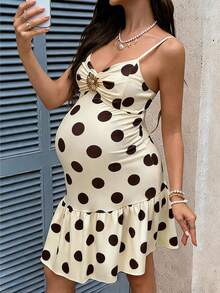 SHEIN Maternity Polka Dot Print Ruffle Hem Camisole Dress - Apricot - View 4