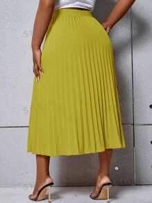 SHEIN Clasi Plus Size Solid Color Elegant Pleated Zip-Up Skirt, Spring/Summer - Yellow - View 2