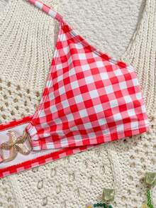 Swim Mod Sweet And Sexy Tropical White Plaid Halter Neck Tie Backless Bikini Swimwear Set For Women, Starfish Embellished Bikini Two-Piece Set Holiday Beach - Multicolor - View 4