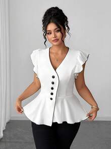 Elenzga Plus Size Elegant Commuting Outerwear Black Contrast Trim Cap Sleeve Shirt - White - View 8