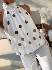Aloruh Women's Polka Dot Print Halter Elegant Sleeveless Top, Spring/Summer,Summer Top - White - View 6