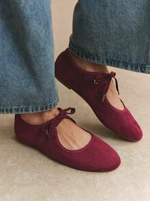 Rosivie French Fashion Elegant Commuter Embroidery Thread Strap Bow Mary Jane Women Flat Shoes Fall Shoes - Burgundy flannel - View 5