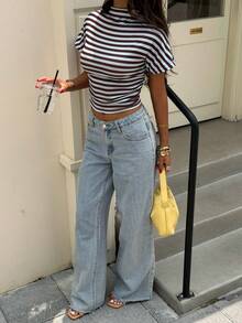 Siren Gaze Áo thun ngắn tay cổ cao kẻ sọc màu nâu phong cách thanh lịch casual, dáng ôm crop top, trang phục mùa hè mùa đông, phong cách đi làm, influencer, đi chơi Y2K - Nhiều màu - Xem 7