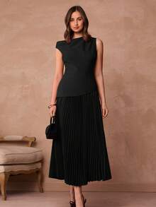 Enchnt Damen Einfarbiges Asymmetrisches Schulter Plissee Saum Elegantes Kleid - Schwarz - Übersicht 3