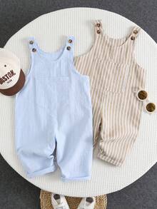 2pcs Newborn Baby Boy Casual Cute Striped Overalls & Pants Set, Suitable For Summer & Spring - Multicolor - View 5